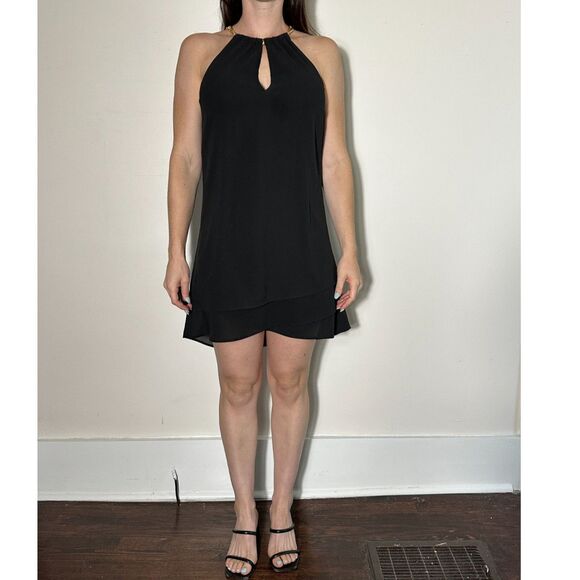 G by Guess Little Black Halter Keyhole Mini Dress Gold Chain Size Medium - Picture 1 of 5